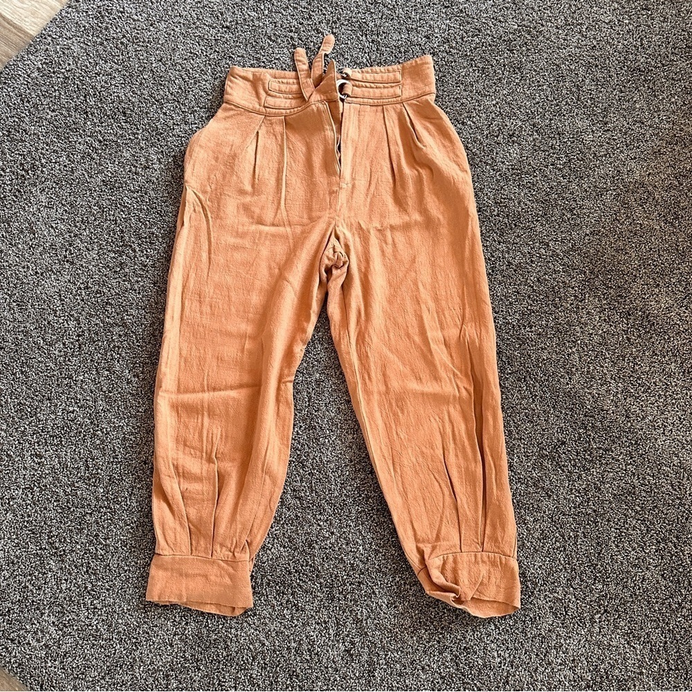 ILLA ILLA Orange /Tan High Waist Linen Blend Paperbag Pants Women’s M Boho Chic